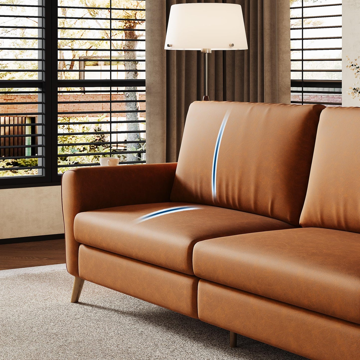 IDEALHOUSE 84 Inch Modern Sofa Couch, Large 3-Seater Sofa with Streamlined Armrests, PU Leather Loveseat Wood Feet, Comfy Couch for Living Room, Apartment, Lounge, Brown