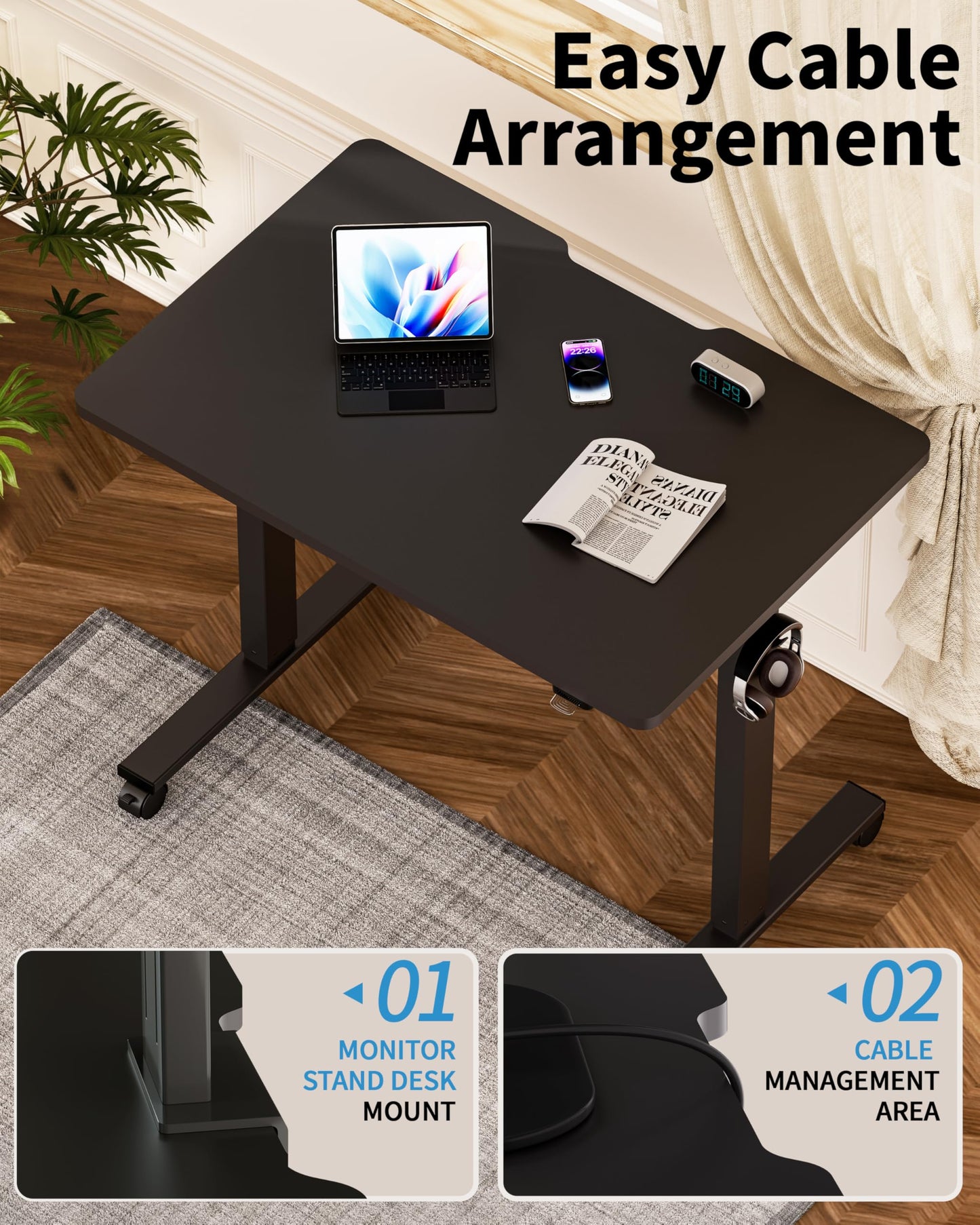 Okin Electric Standing Desk, 40 x 24 Inches Whole Piece Height Adjustable Desk, Black Sit to Stand Desks Computer Workstation with Wheels for Home Office