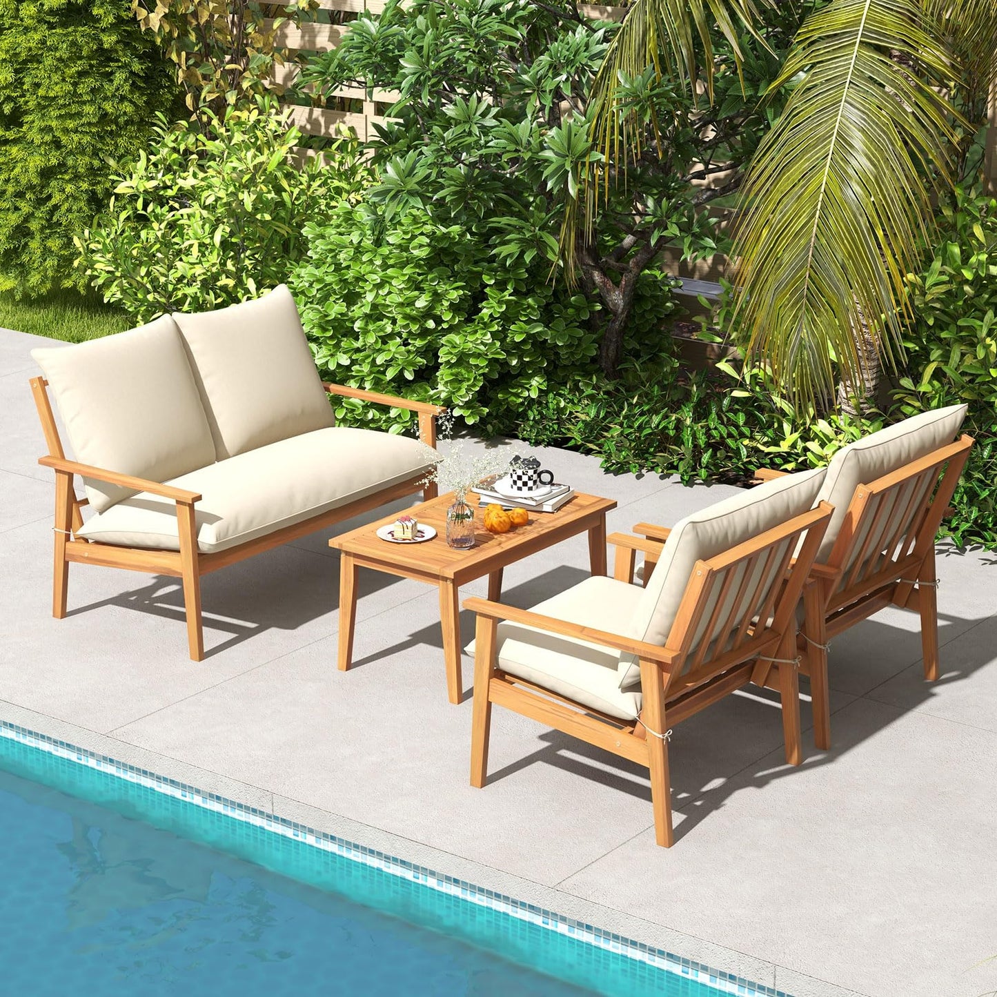 Tangkula 4 Pieces Patio Furniture Set, Outdoor Acacia Wood Conversation Set with Soft Cushions and Coffee Table, Outdoor Sectional Sofa Set for Lawn, Garden, Backyard and Poolside (1, Natural)