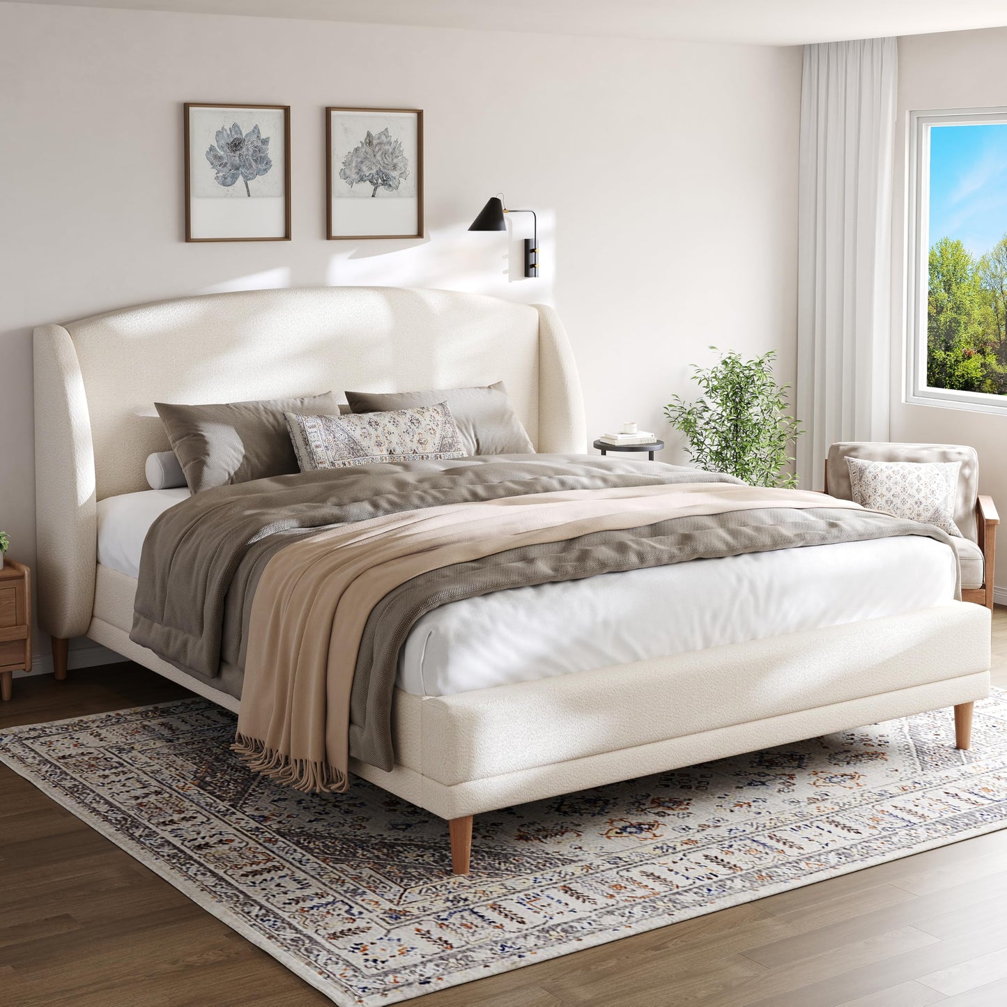 Christopher Knight Home Hazel King Size Bed Frame, Upholstered Platform Bed, Soft Boucle Wingback Headboard, Wood Bed Support and Slats, Curved-Shaped Headboard King Beds for Adult, 45.60" H White