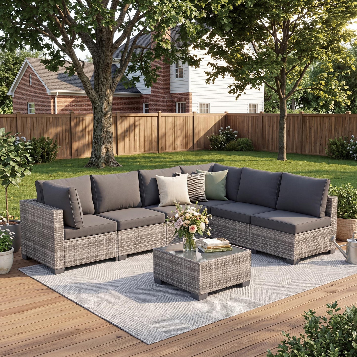 Kamsly 7 Piece Outdoor Patio Furniture Sets, Modular Wicker Sectional Sofa, Patio Conversation Sets with Glass Coffee Table for Backyard, Porch, Garden, Poolside (Grey PE Rattan + Dark Grey Cushions)