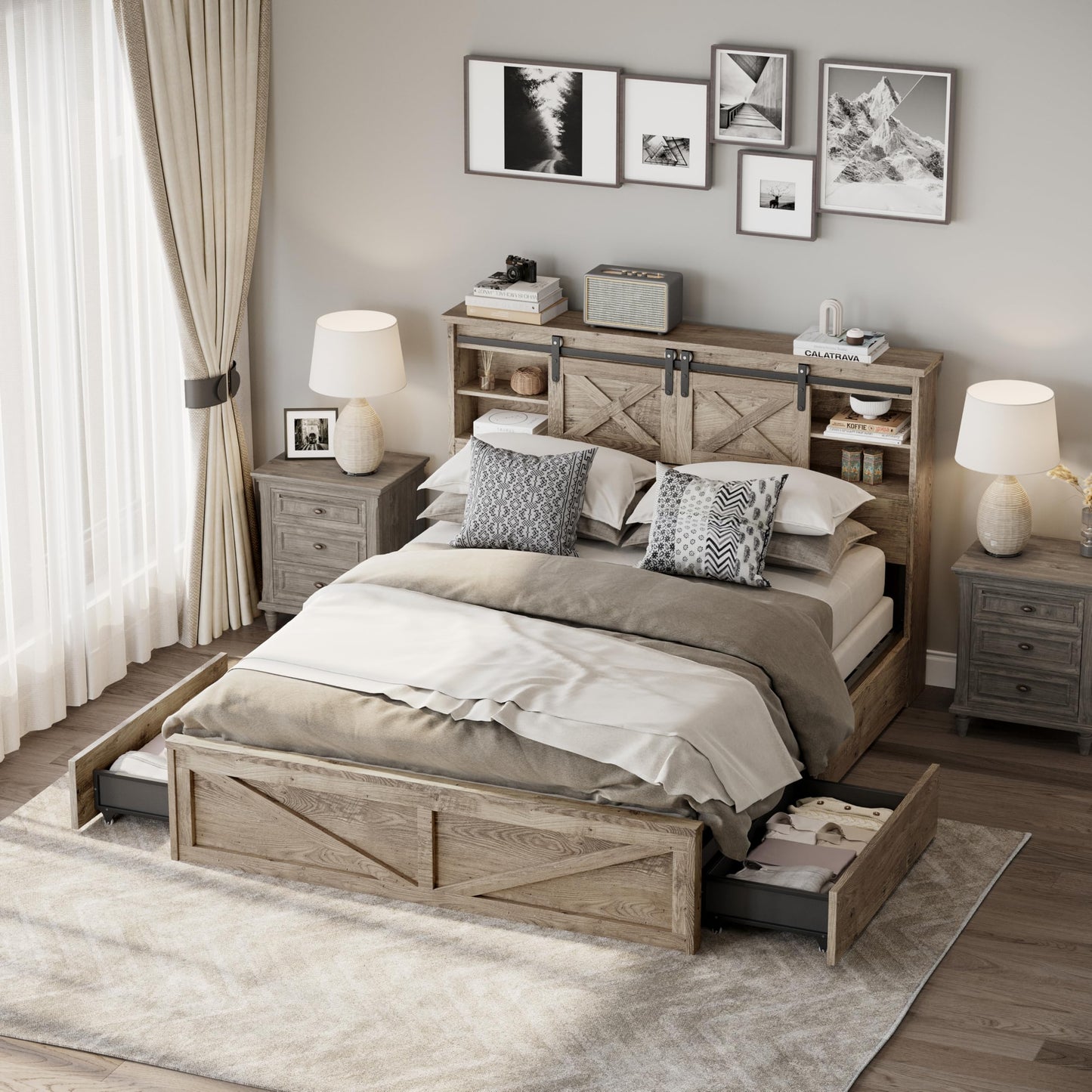 KEIKI Farmhouse Queen Bed Frame with Storage Headboard & Drawers, Rustic Wooden Platform Bed with Sliding Barn Door Design, Modern Bedroom Furniture, No Box Spring Needed, Noise Free, Grey