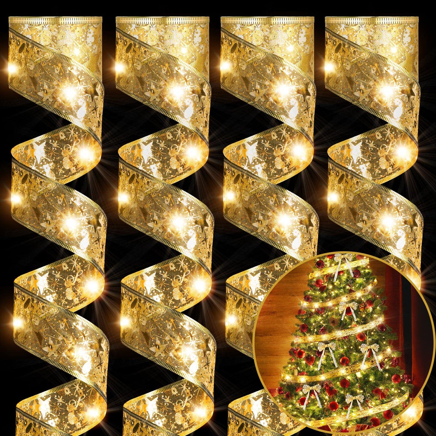 Sherr 79ft Christmas Ribbon Lights, 240 LED Fairy Lights, Battery Operated, Gold, Model SH-79FT-240-G-HD
