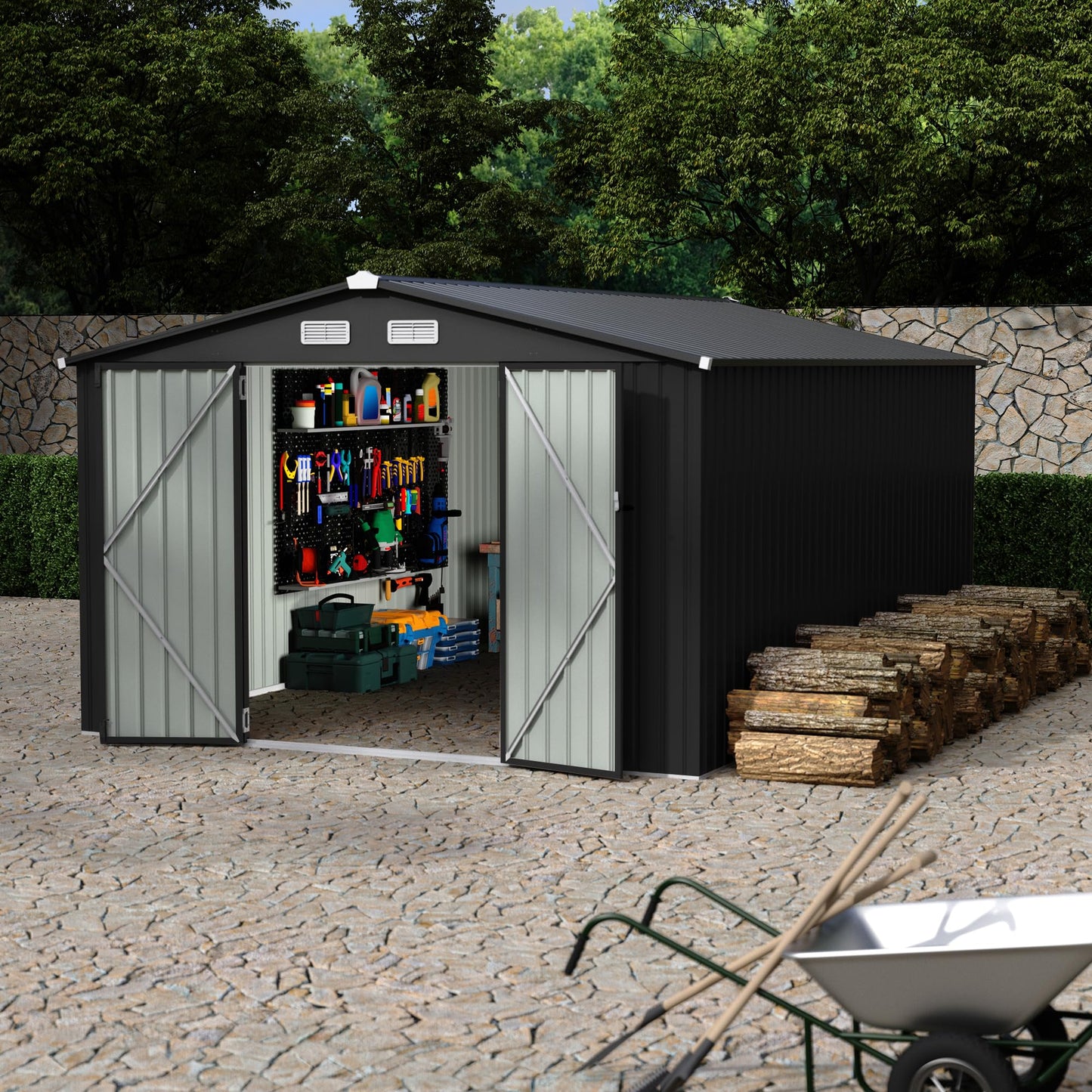 10X14 FT Metal Storage Sheds Outdoor, Metal Yard Sheds Garden Shed Kit, Tool Shed with Lockable Door, Utility Sheds Buildings with Air Vent for Backyard Garden Patio Lawn