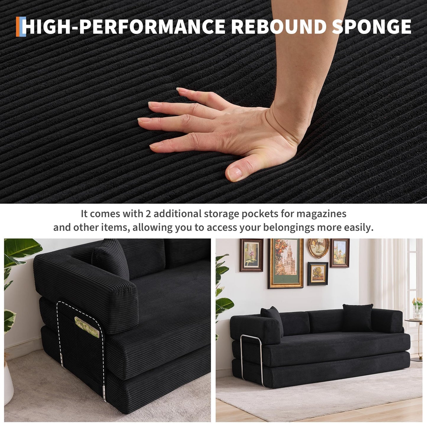 GarveeLife 78.8" Modular Corduroy Sofa Bed,5 in 1 Convertible Futon Floor Couch with Pull-Out Sleeper,Multi-Functional Futon for Living Room Guest Room & Small Spaces