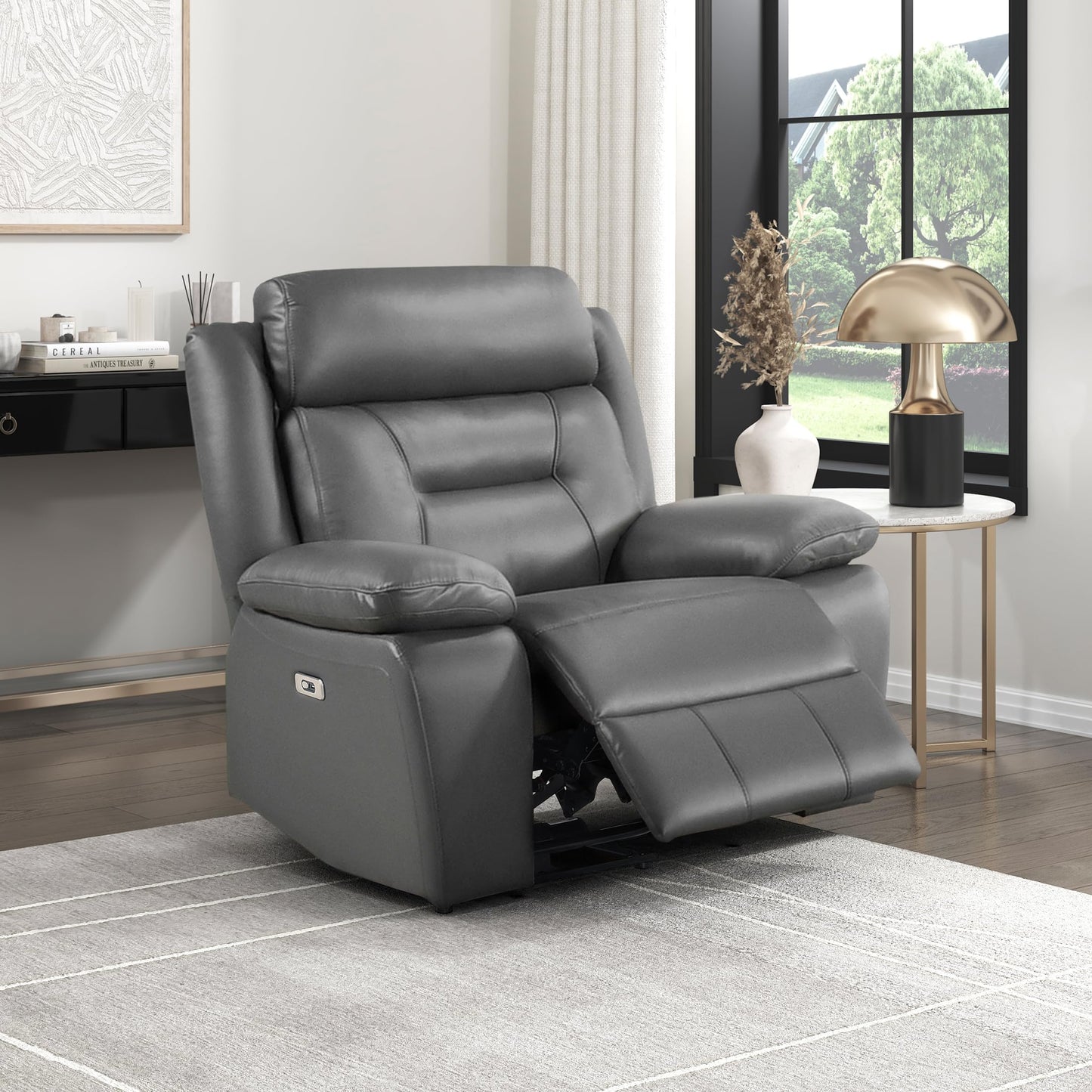 Lexicon Power Recliner Chair for Living Room, Top Grain Leather Match Recliner with Pillow Top Armrests, Home Theater Seating, Wall Hugger Recliners with USB Port, 40" W, Dark Gray