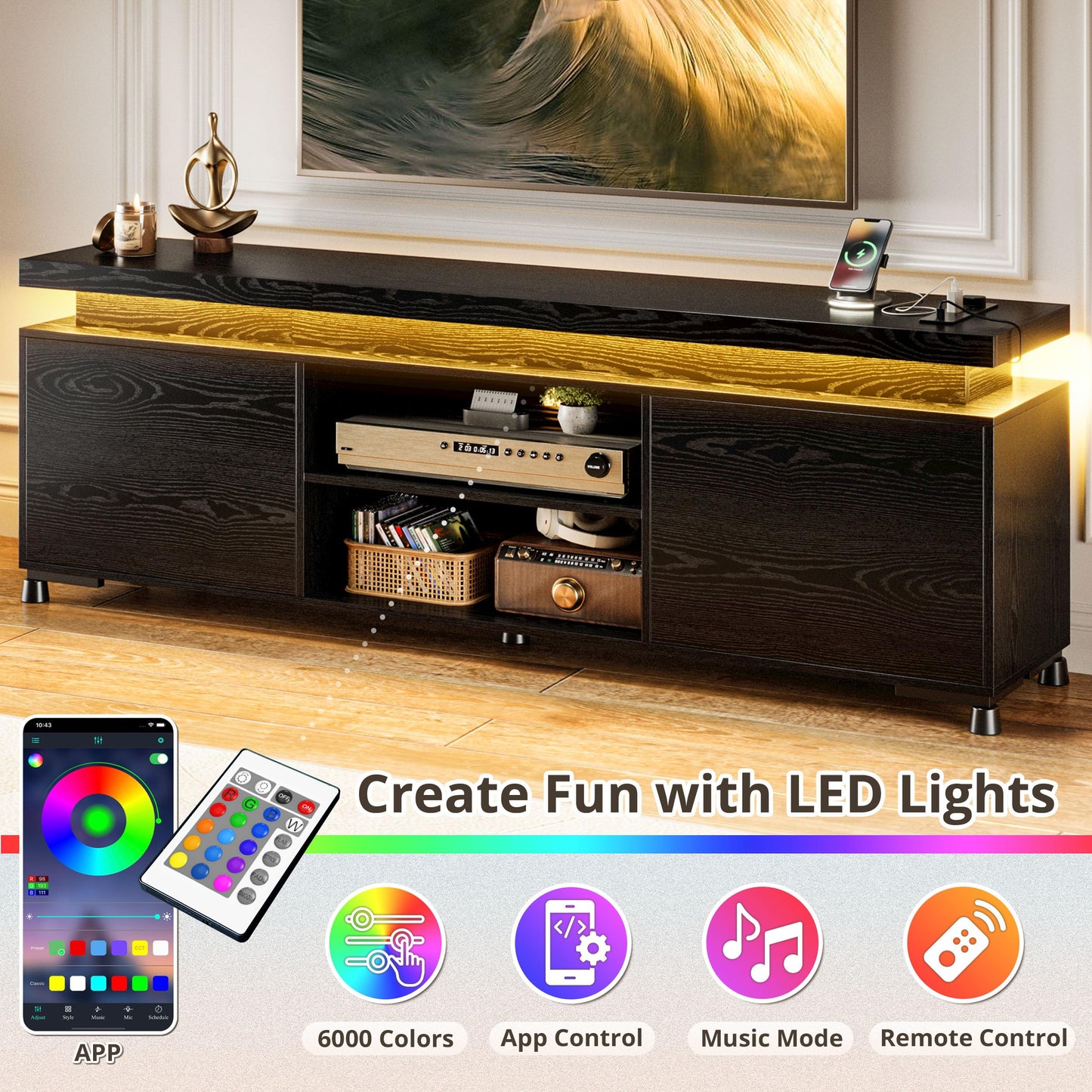 IRONCK TV Stand for 85 inch TV, TV Console with LED Lights and Power Outlet, Long Entertainment Center with Cabinets and Storage Shelves, TV Stand Black for Bedroom Living Room