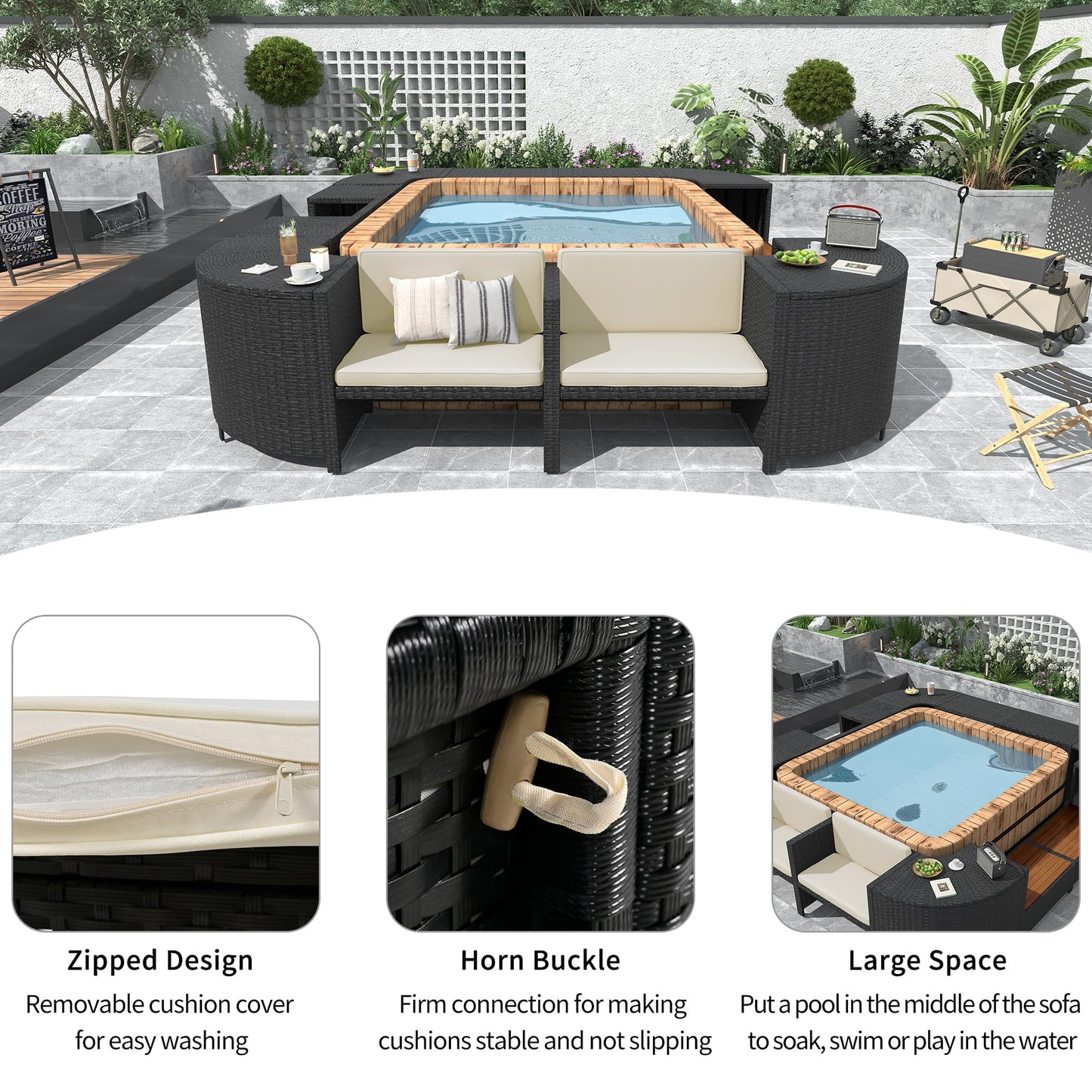 YOPTO Outdoor Waterproof Spa Surround Rattan Sectional Sofa Set with Mini Sofa,Wooden Seats and Storage Spaces Chaise w/Comfortable Cushion,Garden Furniture for Yard Pool Backyard,Beige
