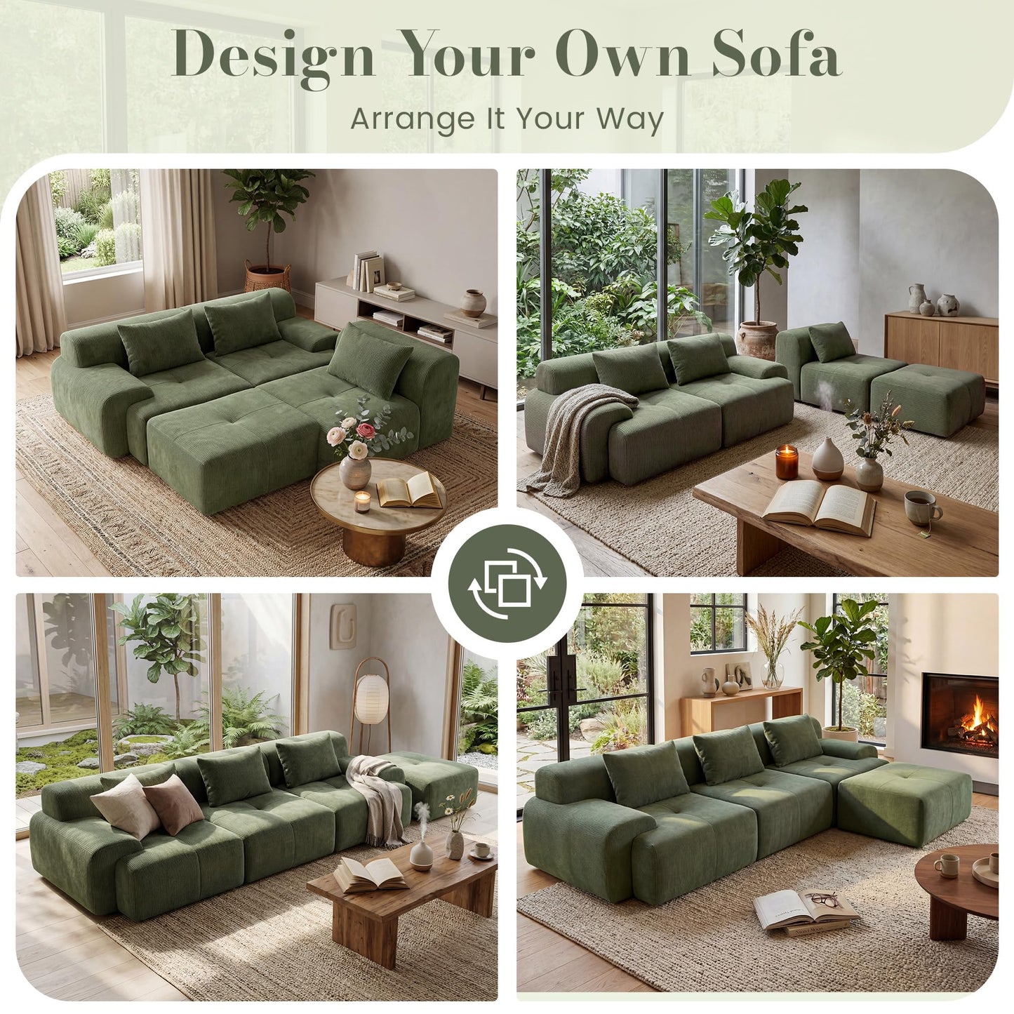 GRUSIGN 108'' Modular Sectional Boneless Sofa, Tufted Sectional Couches for Living Room,Oversized L Shape Deep Seat Sofa with Ottoman & 3 Throw Pillows,Corduroy Cloud Couch,Green