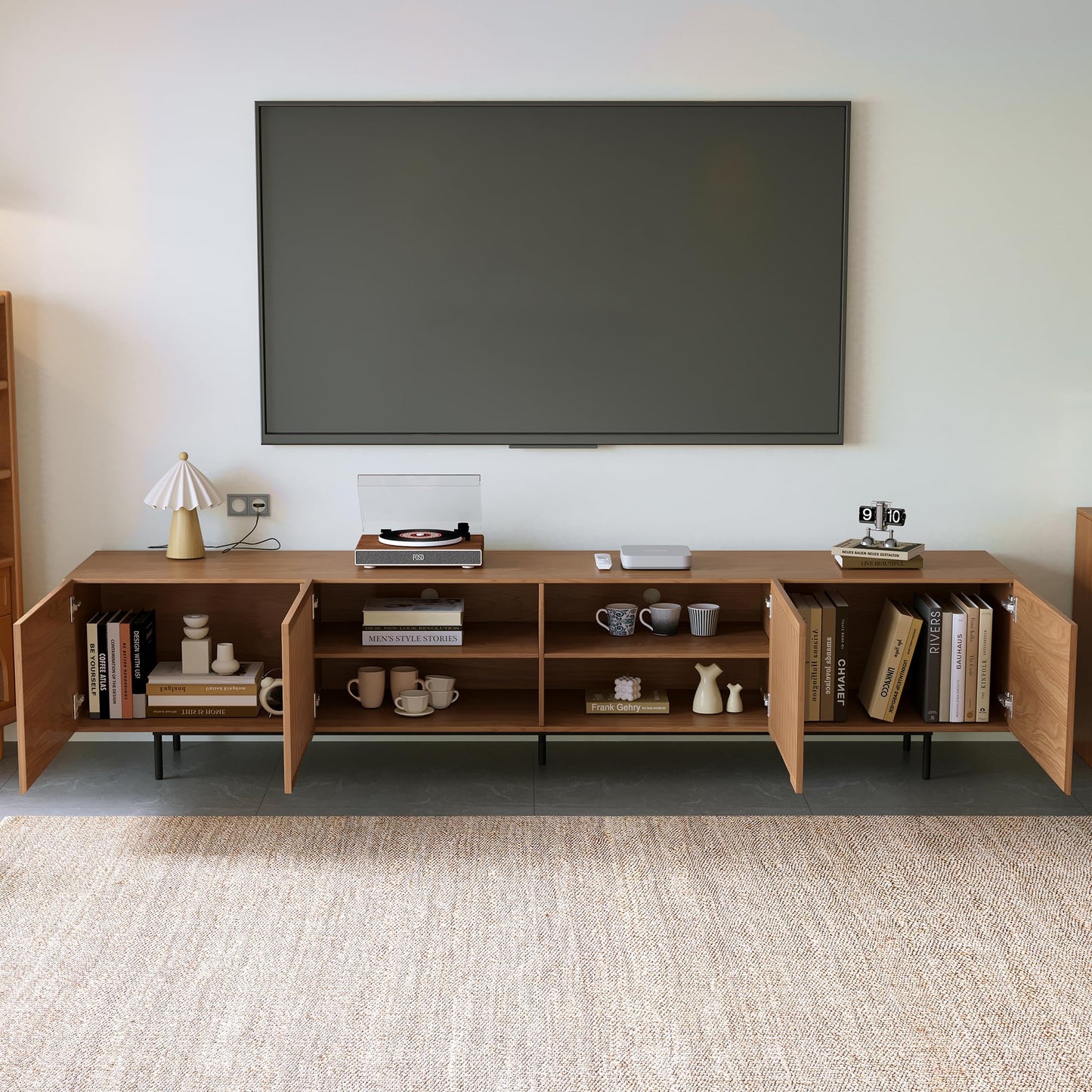 DinaiteEain Mid Century Modem TV Stand for 80 Inch TVs and Larger, Walnut Entertainment Center with 4 Doors, Large Storage &Cable Management, Media Console for Living Room (94.48 Inches)