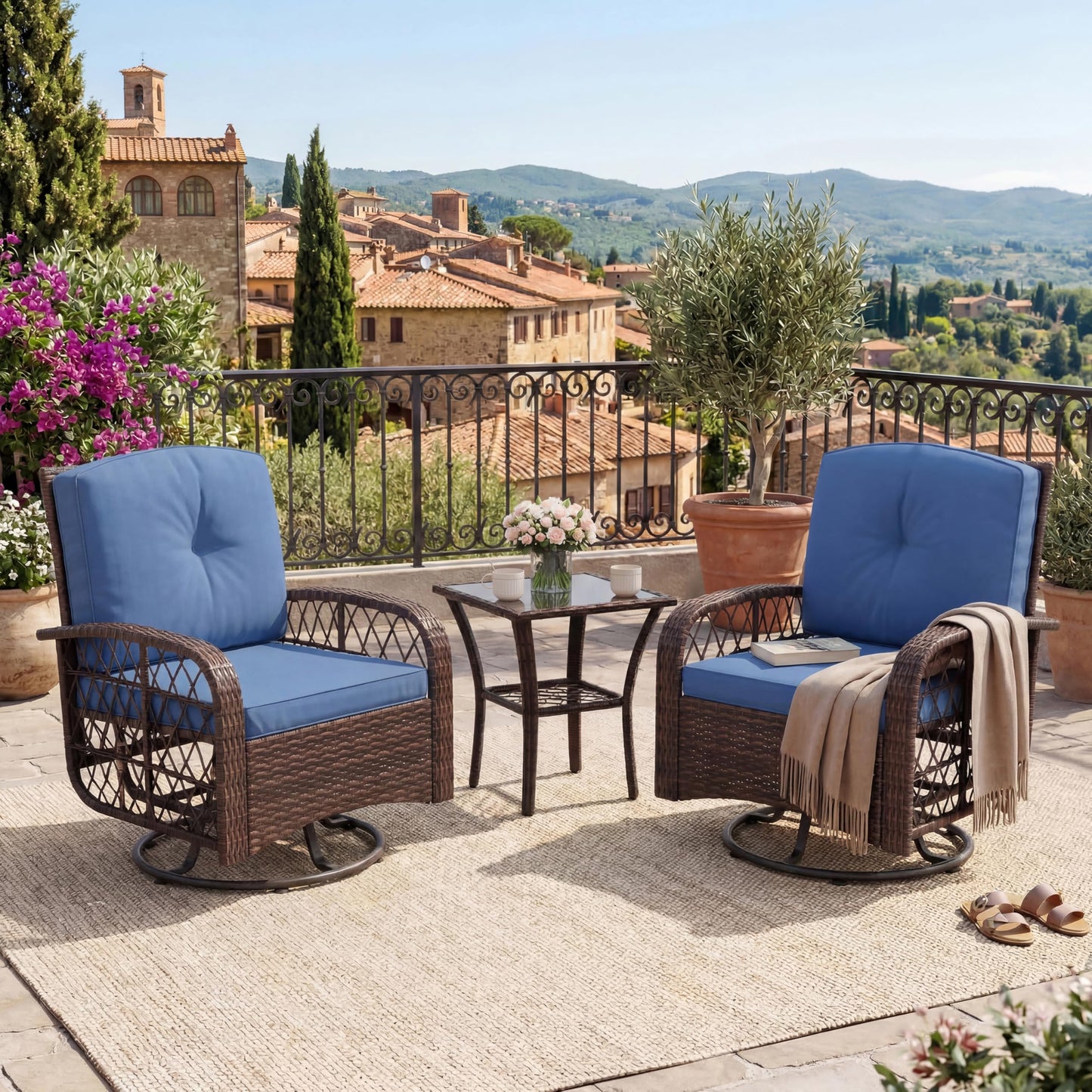 GarveeLife 3 Piece Swivel Wicker Patio Furniture Set, Outdoor Rattan Swivel Chairs with Side Table, All-Weather Conversation Set for Patio, Deck or Backyard, Brown Gradient Wicker with Blue Cushions