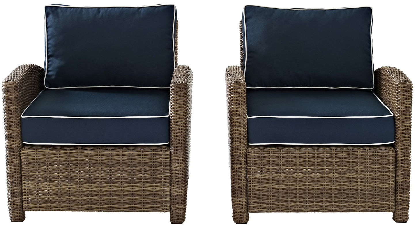 Crosley Furniture Bradenton 2-Piece Outdoor Chair Set, Wicker Patio Chairs for Conversation, Porch, Deck, Brown with Navy Cushions