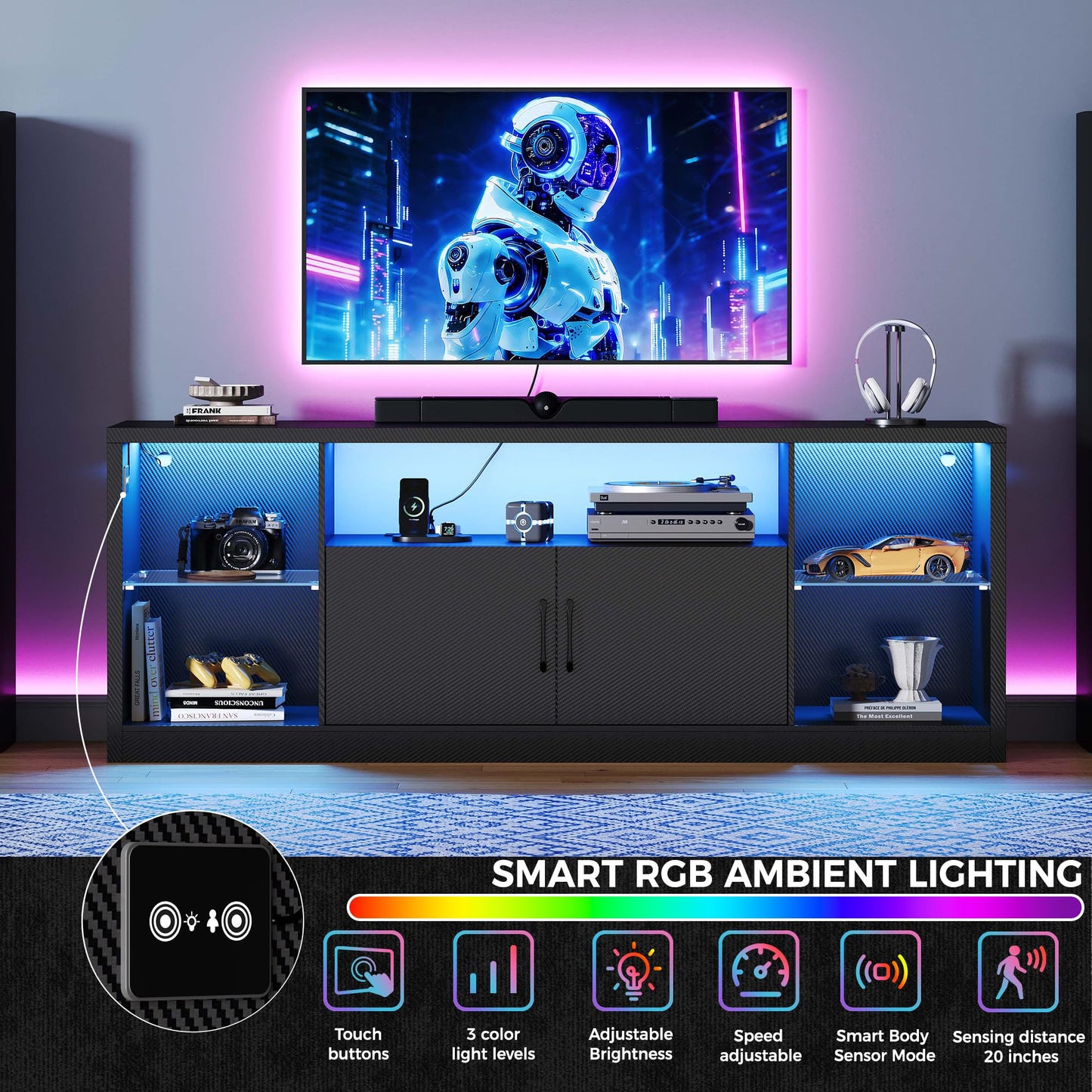 IRONCK TV Stand for TVs 80 inch with Power Outlet and LED Lights, Carbon Fiber Entertainment Center with Storage Cabinets, Adjustable Glass Shelves, Modern TV Stands for Living Room, Black