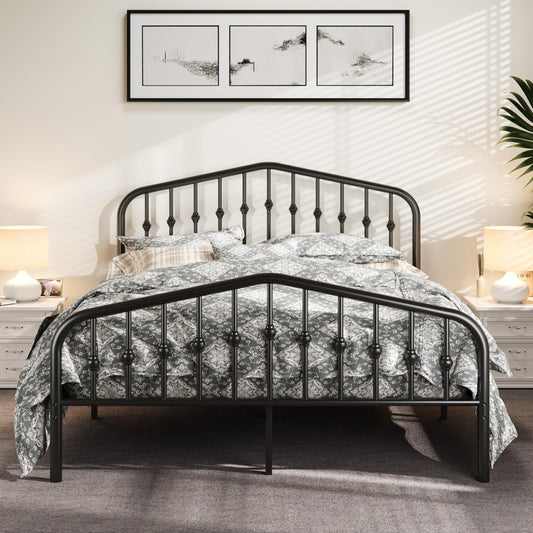 Allewie Queen Size Platform Metal Bed Frame with Chic Headboard and Footboard, Modern Design with Storage Space, Easy Assembly, Black