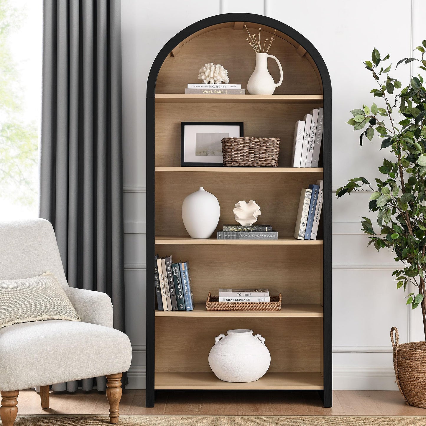 Modway Evie Modern Arched Wide Bookcase in Black - 76 Inch Open Shelf Display Cabinet - Stylish 5-Tier Bookshelf for Living Room, Dining Room, or Home Office