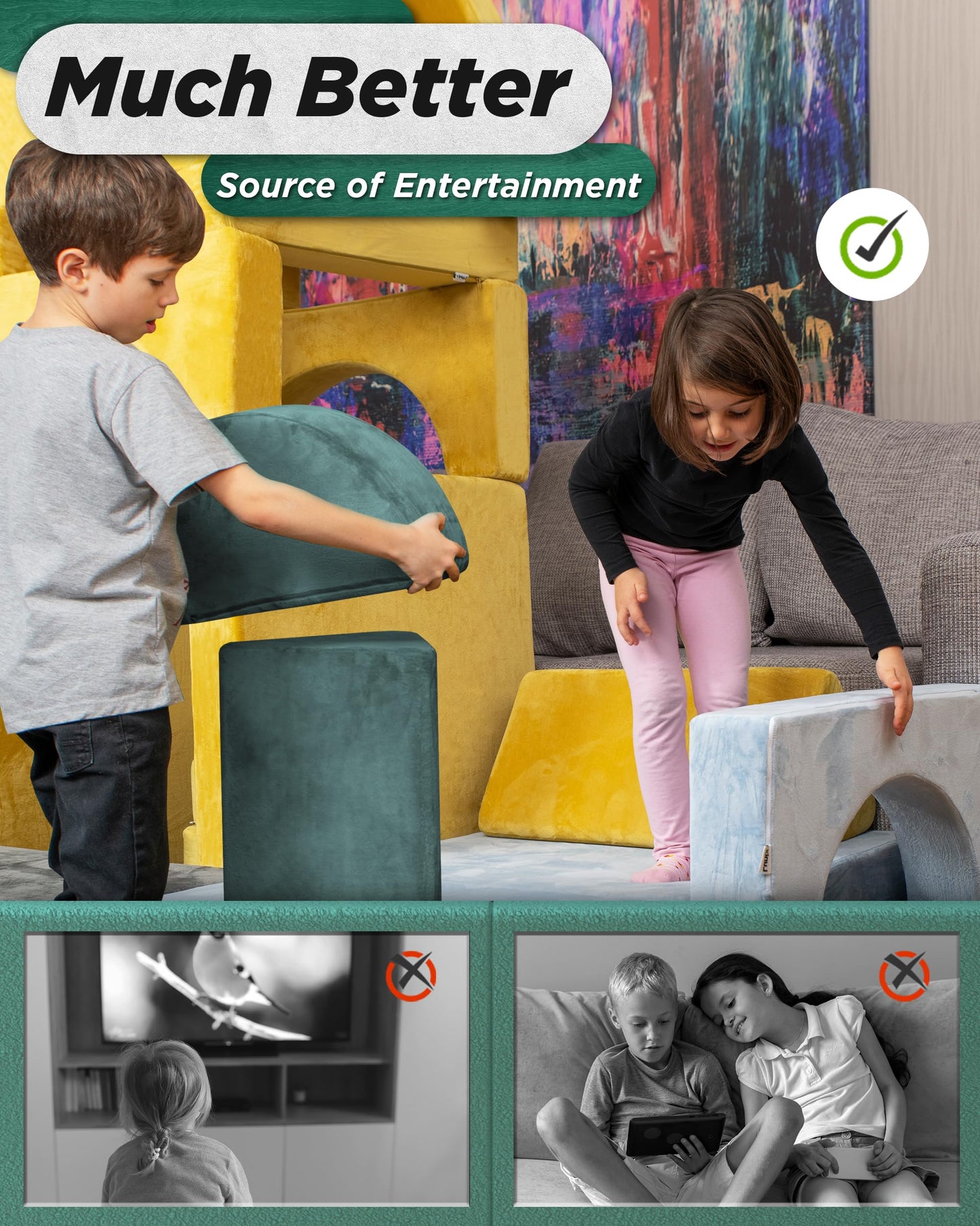 Lunix LX15 14pcs Modular Kids Play Couch, Design-Patent Child Sectional Sofa, Fort-Play Bedroom Playroom Furniture for Toddlers, Convertible Foam, Washable Covers, Oeko-TEX & CertiPUR-US, Sage Teal
