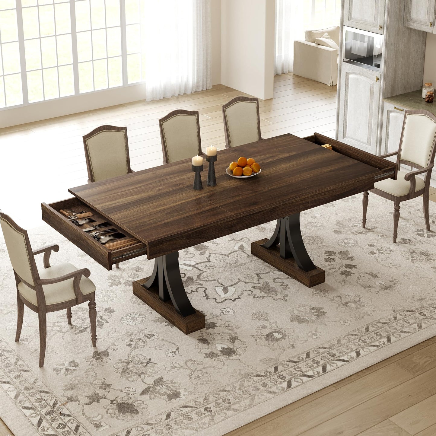 GarveeHome 71-Inch Rectangular Dining Table with Two Drawers, Wooden Kitchen Table w/Large Tabletop & Sturdy Frame, Large Dining Table for 6-8 with Double Pedestal, for Dining Room, Office