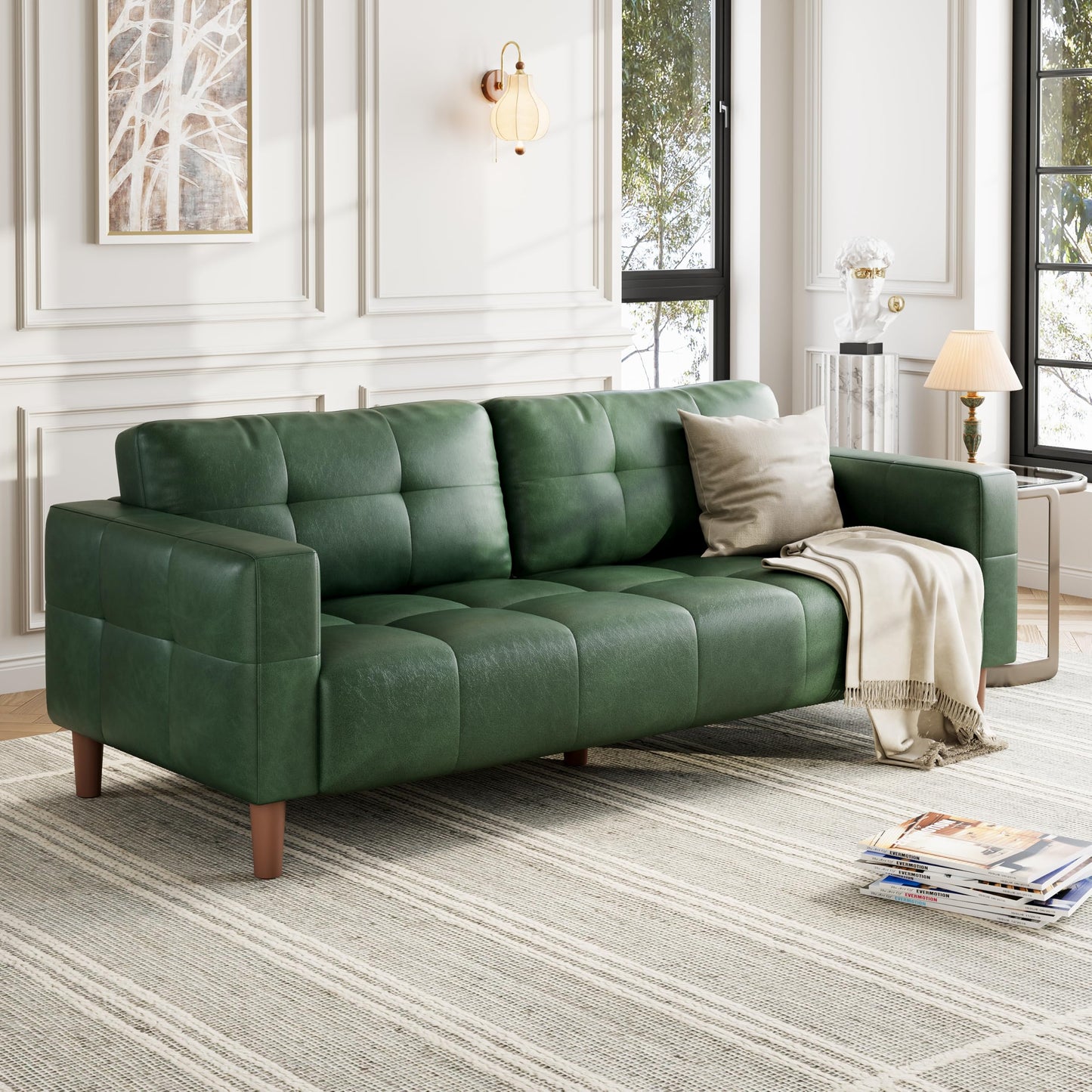 GarveeHome 3-Seater Sofa Couch, 83 in Wide Faux Leather Sofa Couch with Spring Cushion, Modern Sofa with Deep Seats and 2 Removable Back Cushions, for Living Room, Bedroom, Apartment, Office, Green