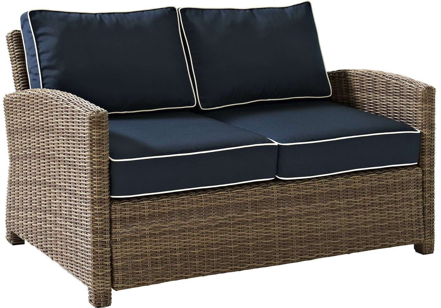 Crosley Furniture Bradenton 4-Piece Outdoor Loveseat Patio Furniture Set, Wicker Conversation Sets for Porch, Brown with Navy Cushions