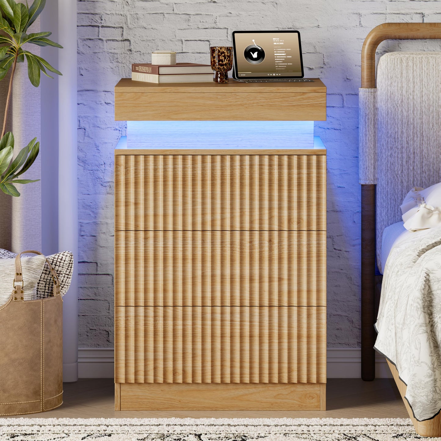 Xixini Fluted Nightstand Set of 2 with Charging Station and LED Lights, Modern Bedside Table with Sliding Top, 3-Drawer Wooden End Table for Bedroom and Living Room, Oak