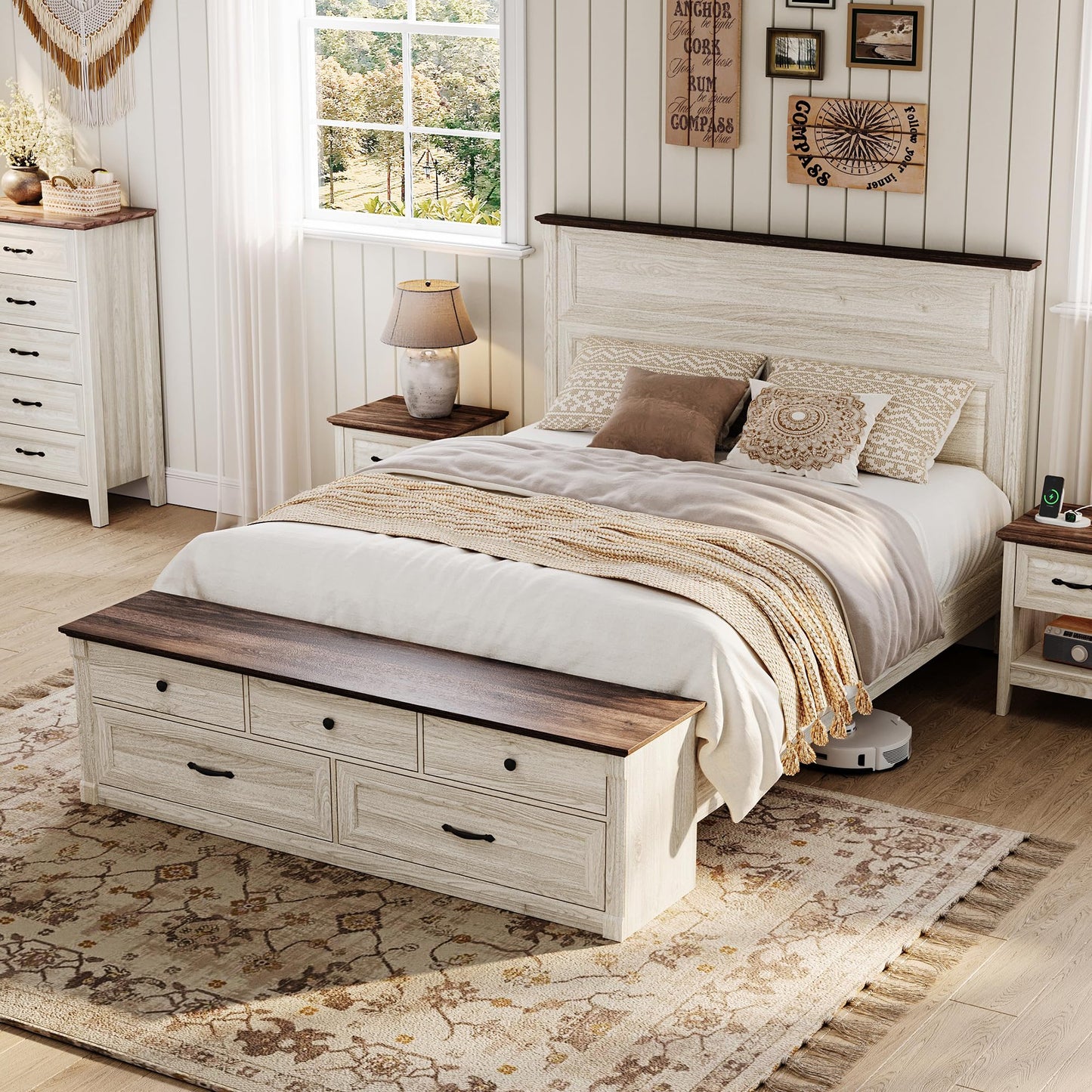 LINSY Storage Bed Frame Queen Bedframe with Drawers, Farmhouse Bed Frame Queen-Size with Headboard and Footboard Bench, Tall Bed Frames Wooden Platform Beds with Storage, No Box Spring, Antique White