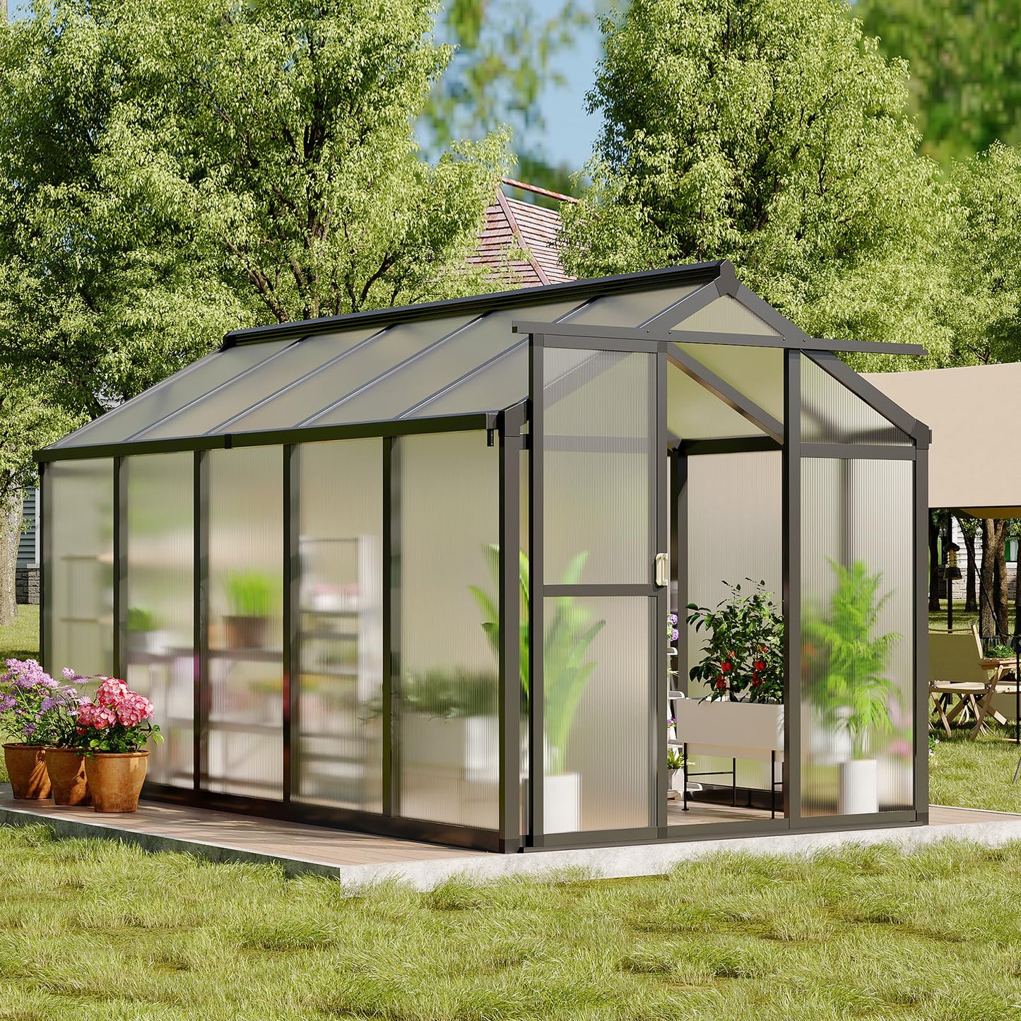 Garvee 6 X 10 Ft Greenhouse, Greenhouses for Outside, Polycarbonate Greenhouse with Aluminum Frame, Lockable Door and Ajustable Roof Vent for Backyard, Green Houses for Outside Garden Backyard, Patio