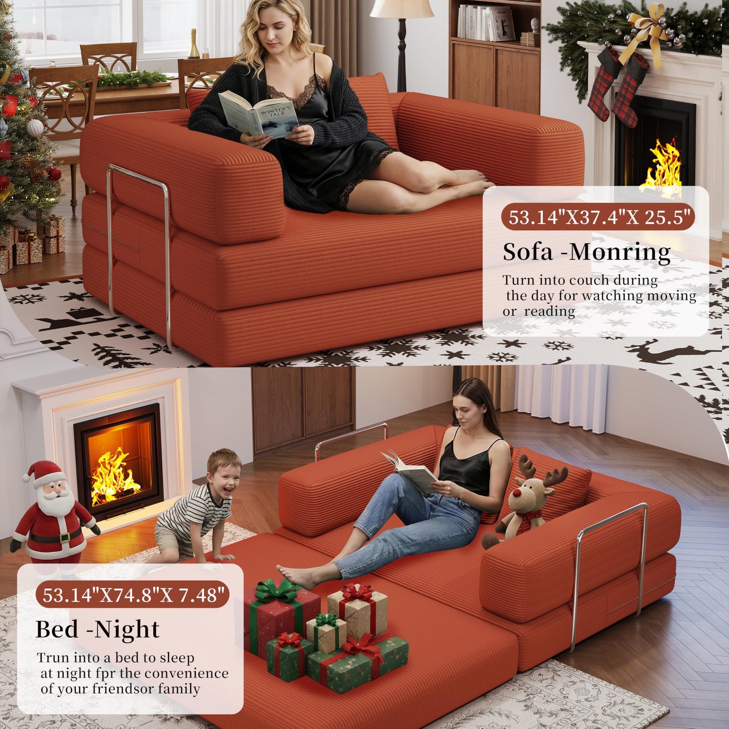 Convertible Futon Sofa Bed, 2 Seater Corduroy Floor Queen Size Bed Foldable Sleeper Lounge Boneless Loveseat Couch with 2 Throw Pillows for Living Room Bedroom Guest Room(Orange, 53.15"Double Sofa)