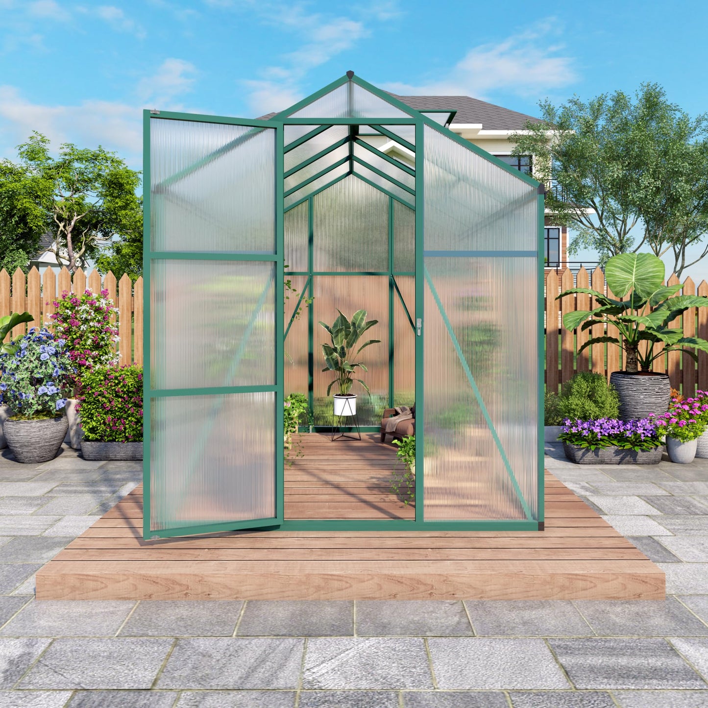 6x10FT Walk-in Polycarbonate Greenhouse Kit, Heavy Duty Aluminum Frame Outdoor Greenhouse with Raised Base, Vent & Drainage System, UV Resistant Plant House for Backyard Garden All Season Use