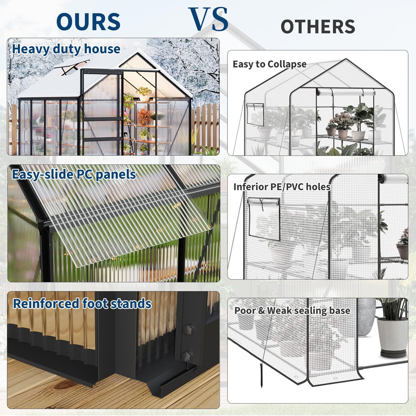 GarveeHome 6x8FT Greenhouse, Large Walk-in Polycarbonate Greenhouse with Adjustable Vent Window, Sliding Door, Portable Green House Kit for Outdoors, Winter
