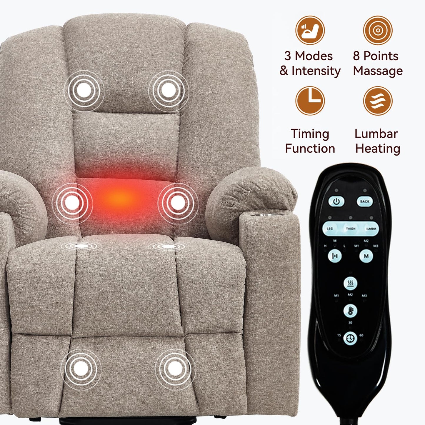 KEIKI Oversized Power Lift Recliner Chair with Heat & Massage, Reding Rocking Chair for Adults, High Seat Cozy Chenille Recliner with Side Pockets, USB Port, Cup Holders & Lumbar Support, Khaki