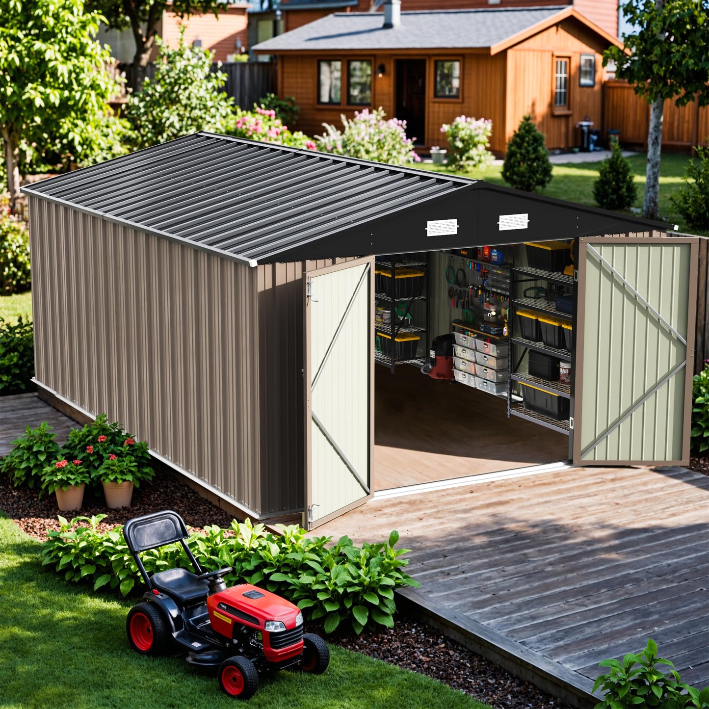 Patiowell 10x14 FT Storage Shed, Outdoor Metal Steel Garden Shed with Lockable Door and Sloping Roof, Large Outside Utility Tool Sheds for Backyard Garden Patio, Brown