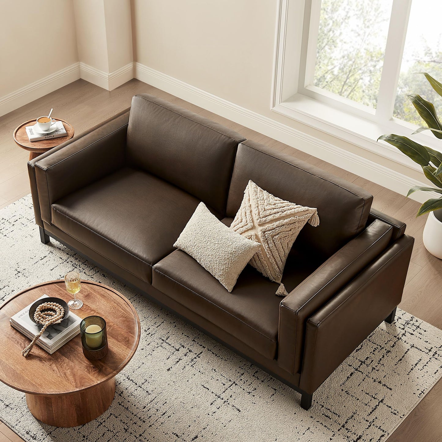 Modway Roscoe 81 Inch Vegan Leather Sofa in Espresso - Comfortable Faux Leather Deep Seat Couch for Living Room, Apartment, or Office Seating