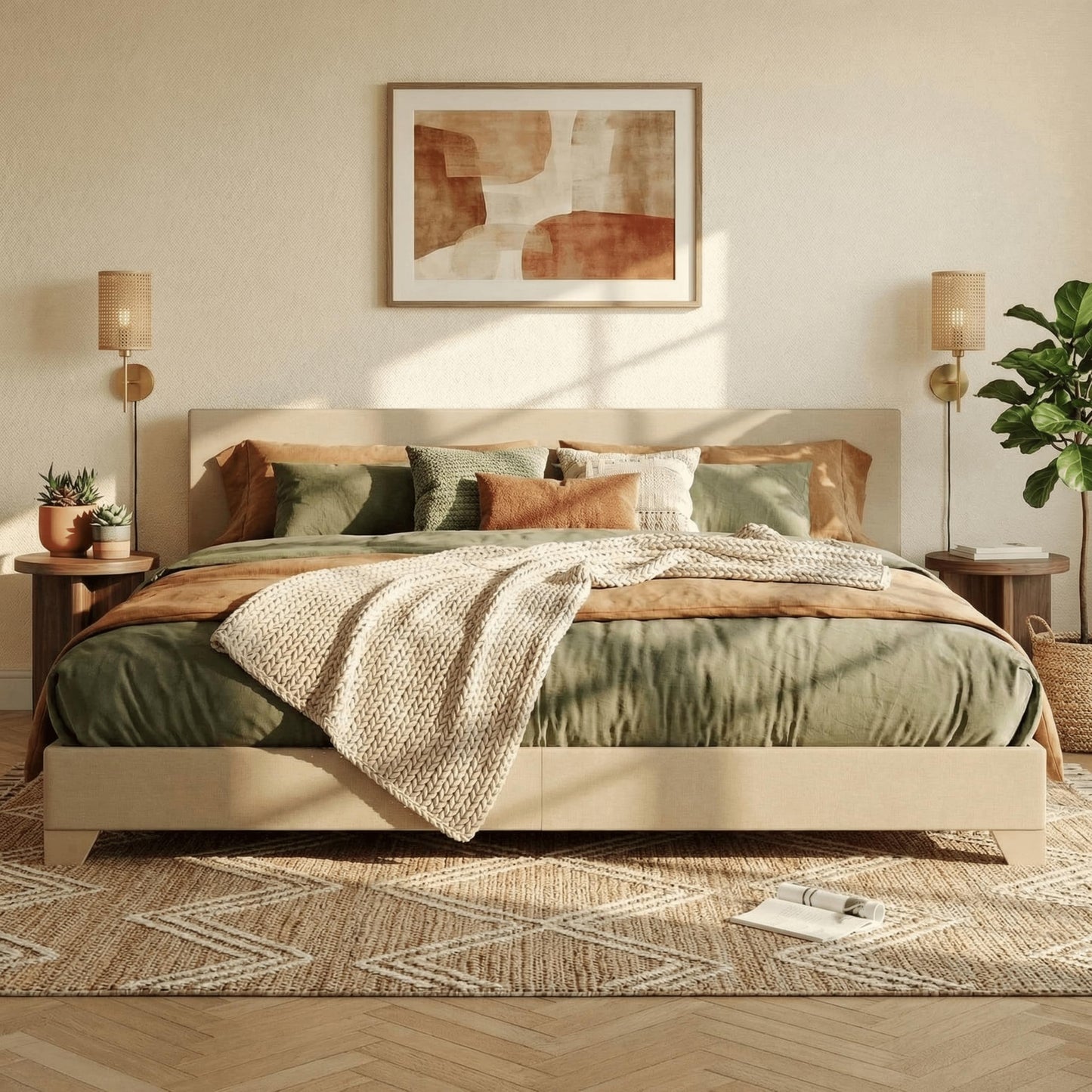 SHA CERLIN Linen Upholstered King Size Bed Frame with Headboard, Beige