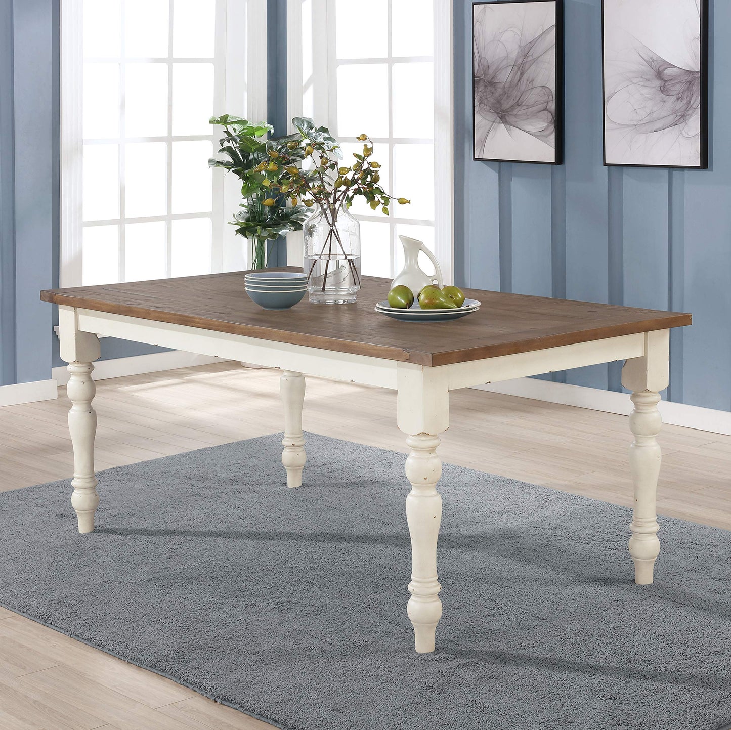 Prato Two-Tone Finish Wood Dining Table, Antique White and Distressed Oak