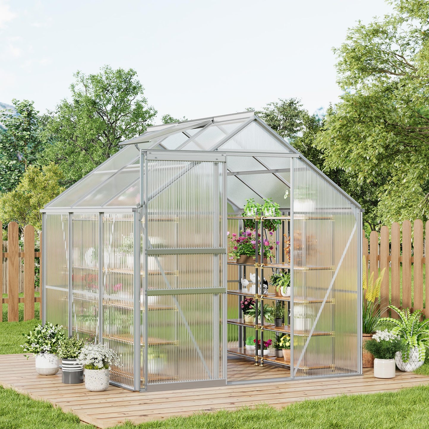 GarveeHome 6x6 FT Walk-in Greenhouse, Large Polycarbonate Green House with Sliding Door & Adjustable Roof Vent, Heavy-Duty Weatherproof Outdoor Greenhouse for Patio, Backyard, Garden