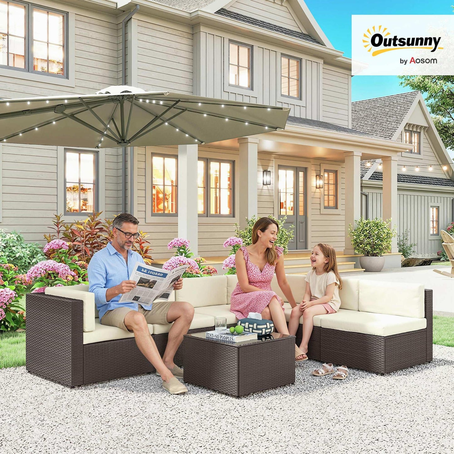 Outsunny 7 Piece Patio Furniture Set, Wicker Outdoor Sectional Sofa Set, All Weather PE Rattan Outdoor Furniture Conversation Sets with Cushions, Glass Top Coffee Table, Cream White