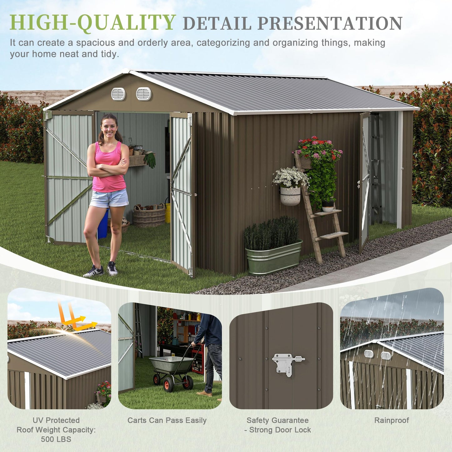 KEIKI 10x12 FT Metal Outdoor Storage Shed, Heavy Duty Steel Garden Tool Shed with Lockable Doors, Window & Sloped Roof, Waterproof Backyard Patio Storage Building, Coffee