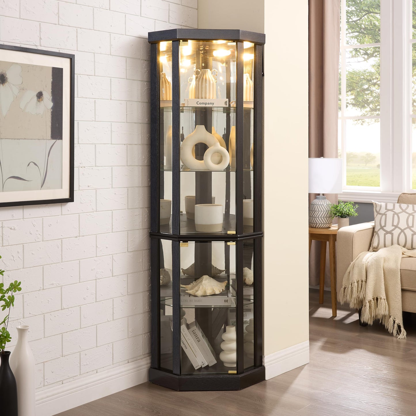 TRUNBACK Corner Curio Cabinet, 150lbs Heavy Duty Glass Display Cabinet with Light, 70" Tall 5-Tier Wine Bar China Cabinet with Tempered Glass Doors & Mirrored Back for Collectibles, Black