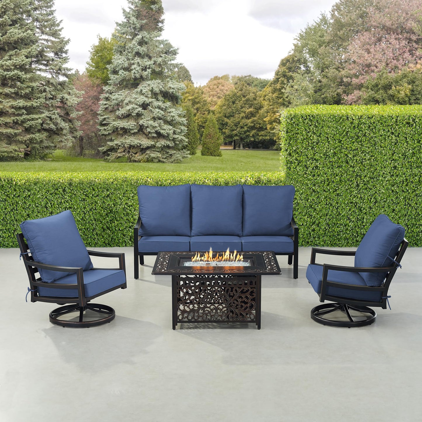 Oakland Living Black Aluminum Patio Fire Table Set with Deep Seating Sofa with Cushions and Two Club Chairs with Blue Cushions