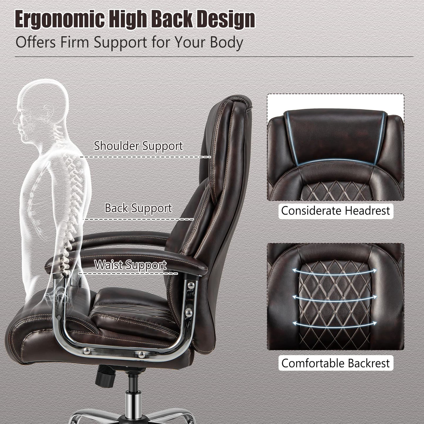 Giantex Big and Tall Office Chair 500 LBS, High Back Executive Office Chair for Heavy People, Adjustable Swivel Desk Chair, PU Leather Computer Chair with Extra Wide Seat for Home Office, Brown