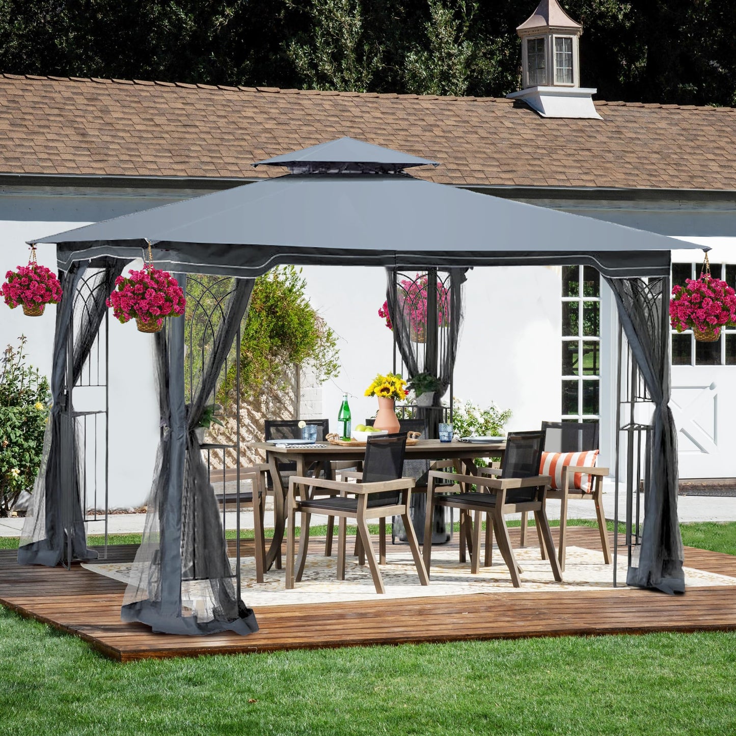YOPTO 10x10 FT Patio Steel Gazebo,Canopy Tent wiht Ventilated Double Roof and Mosquito Net,(Detachable Mesh Screen On All Sides),Waterproof Garden Pergola for Backyard,Swimming Pool,Gray