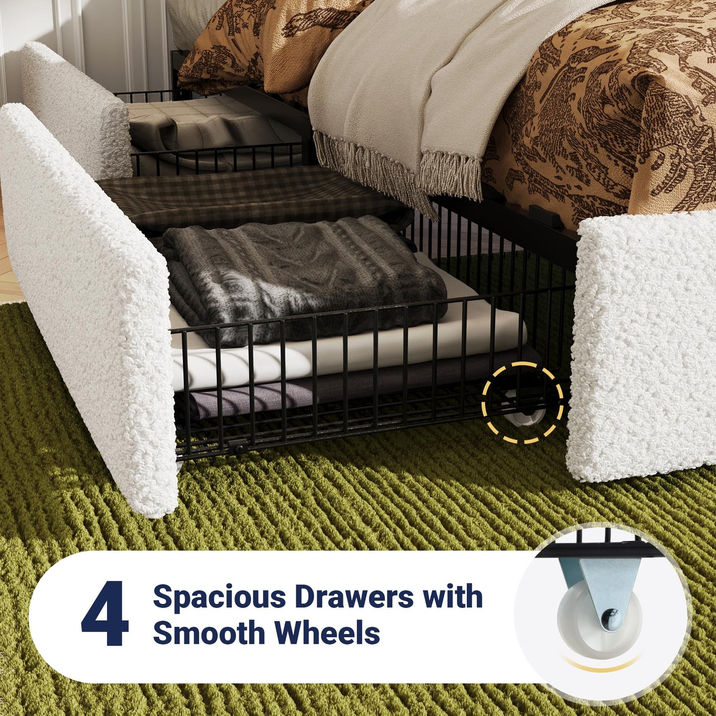 Allewie King Size Bed Frame with 4 Oversized Storage Drawers, Soft Teddy Fabric, Boucle Upholstered Platform Bed, Wooden Slats Support, Noise-Free, No Box Spring Needed, Easy Assembly, White
