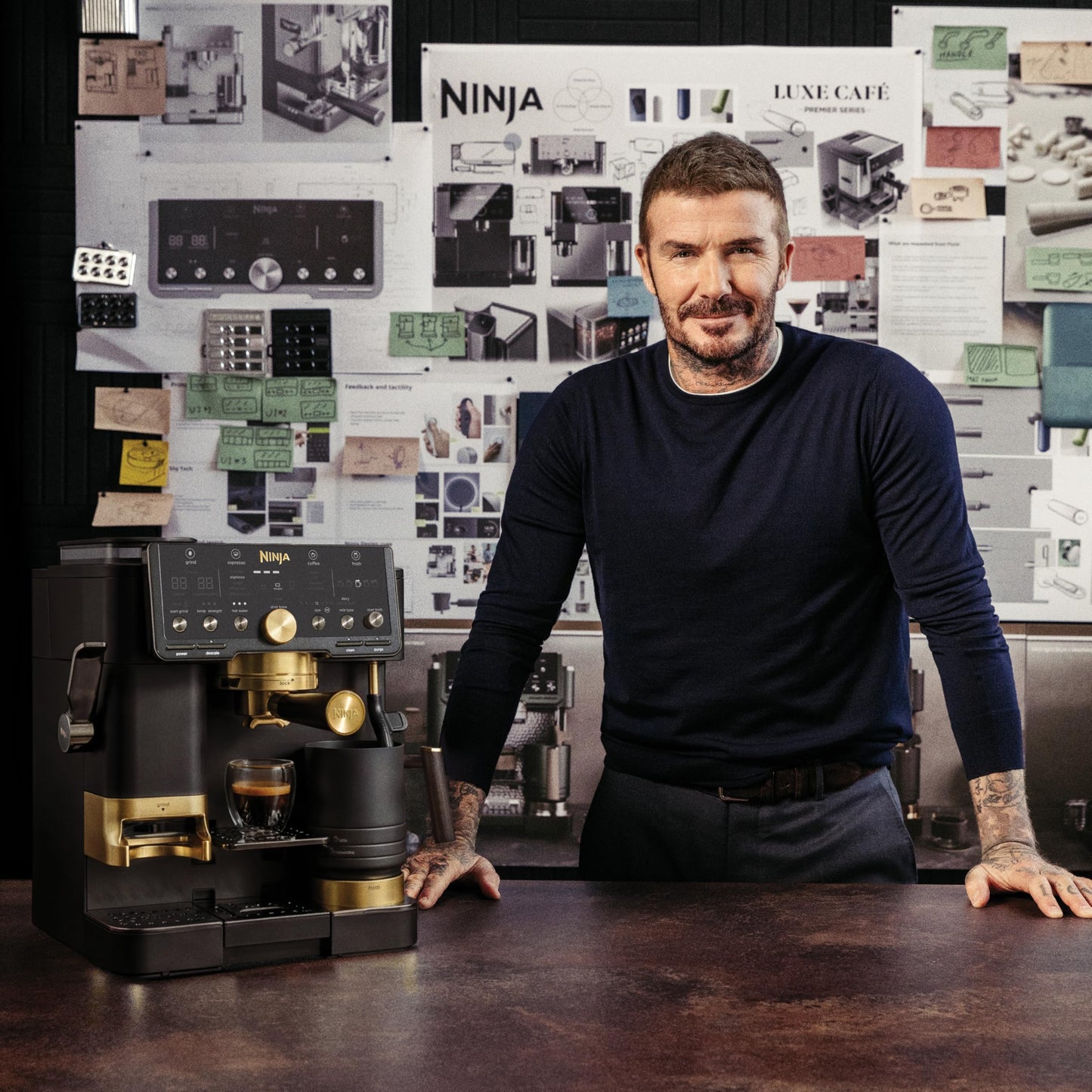 Ninja Luxe™ Café Pro designed by David Beckham, Espresso Machine, Drip Coffee, Cold Brew, Hot Water, Integrated Tamper, Built-in Grinder, Hands-Free Frother for Lattes & More, Black/Gold, ES771BK