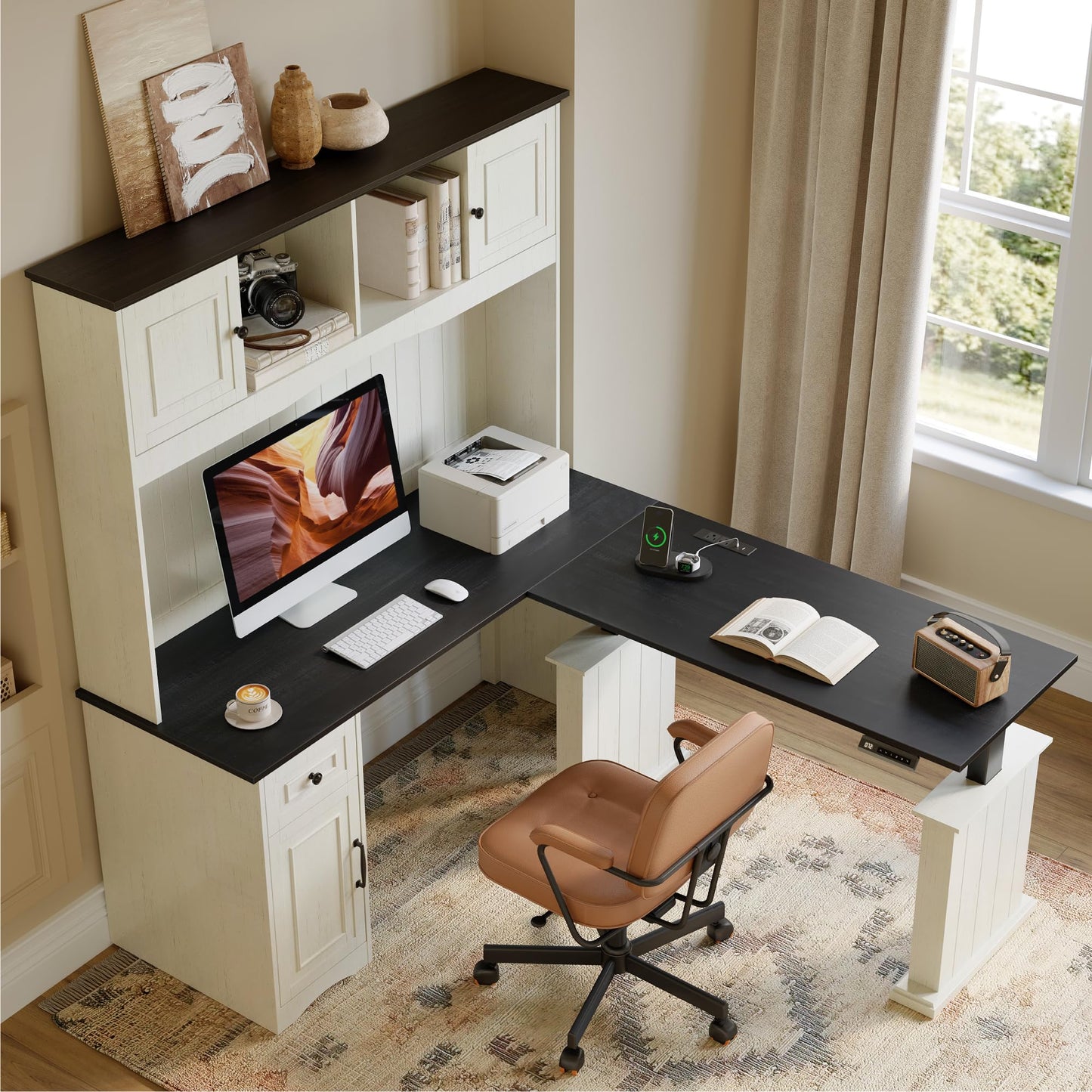 BANTI 60" Adjustable L Shaped Executive Desk with Hutch and Storage Cabinet, Farmhouse Computer Desk with Charging Station, Reversible Home Office Workstation, Antique White