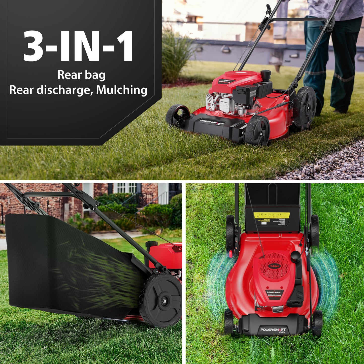 PowerSmart 21-Inch Gas Push Lawn Mower with OHV Engine, 3-in-1 (Bag/Mulch/Rear Discharge),6 Cutting Heights, Durable Steel Deck, Rear-Wheel Drive