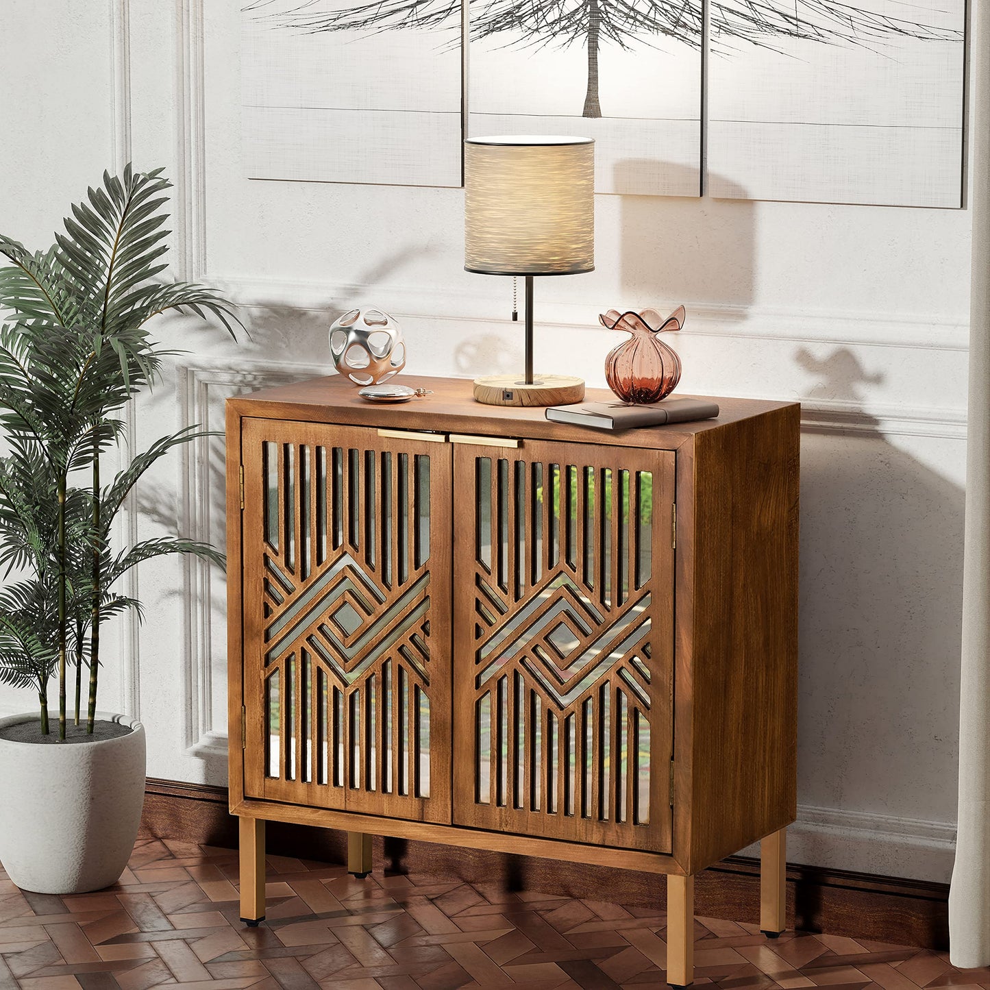 COZAYH 2 Door Accent Cabinet, Wood Sideboard Storage Furniture with Modern Geometric Mirror Front, Freestanding Home and Kitchen Cabinet, Brown/Silver