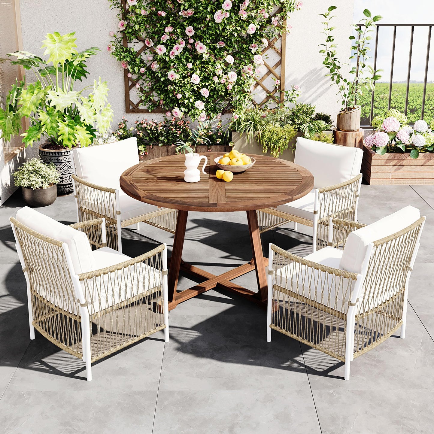 Merax 5 Piece Patio Dining Set, Outdoor Acacia Wood Extendable Round Table with 12 Inch Butterfly Leaf and 4 Rattan Arm Chairs w/Cousions & Pillows for Backyard,Balcony, Garden, Poolsid, Natural