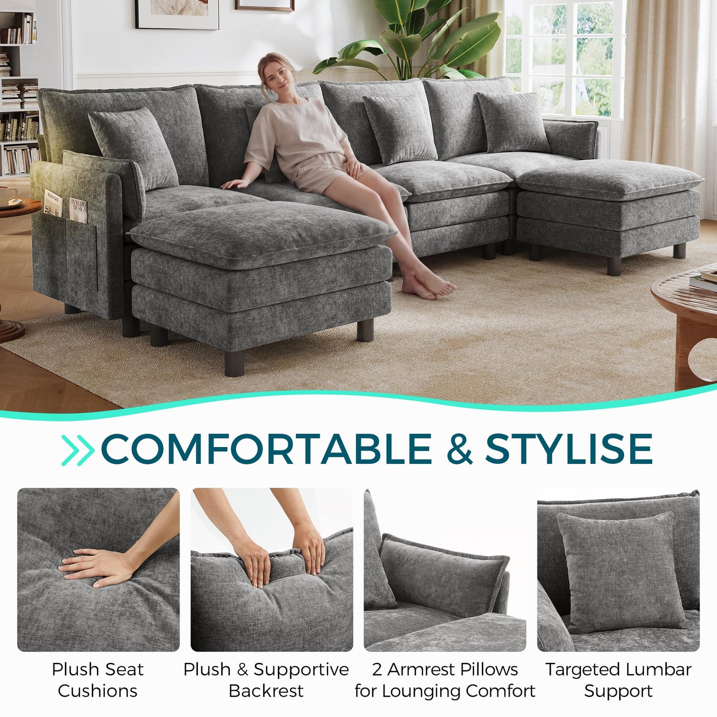 LINSY HOME 129'' Modular Sectional Sofa 4 Seat Couch Chenille Cloud Couch with Deep Seat, U Shaped Couch with 2 Movable Ottoman for Living Room, Office, Bedroom, Grey(Pillows Included)