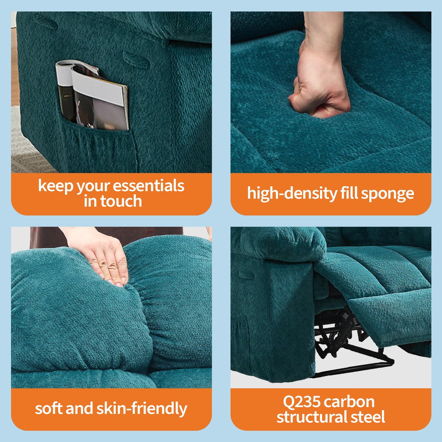21.2'' Manual Recliner Chair,Ergonomic Overstuffed Breathable Fabric Reclining Chair with Side Pockets,Q235 Steel Frame Lazy Boy Recliner Single Sofa for Living Room Bedroom