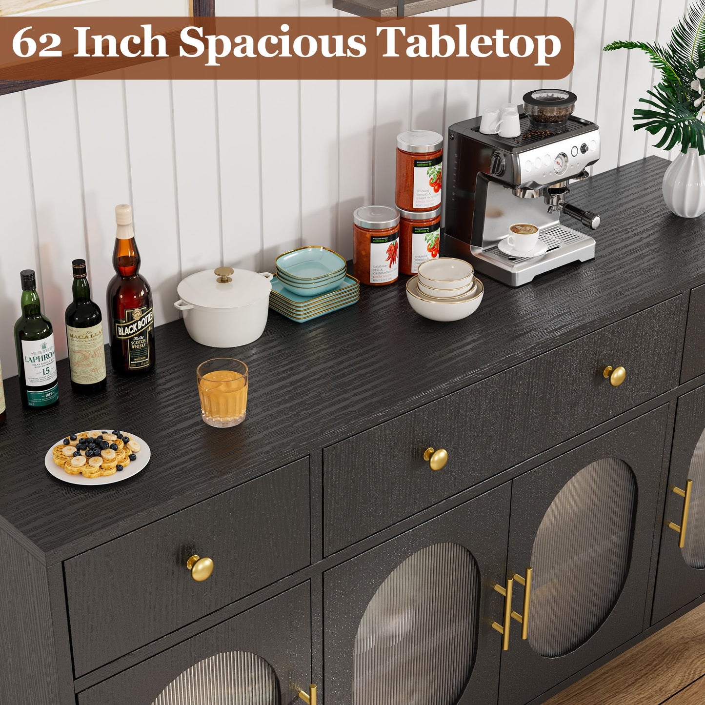MERXENG 62 in Sideboard Buffet Cabinet with 4 Doors & 3 Drawers, Modern Storage Cabinet with Adjustable Shelves, Accent Buffet Table Coffee Bar for Kitchen, Living Room, Black